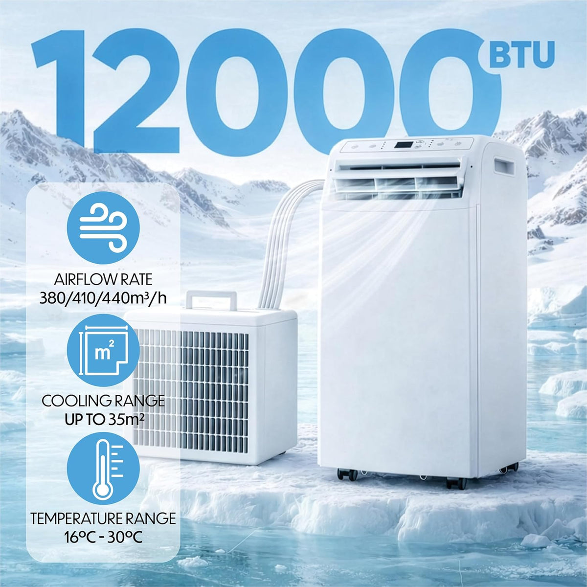 Prem-i-air 12000BTU Portable Split Air Conditioner, DC Inverter, Cooling, Heating, Fan, Dehumidifying, WiFi and Remote Control, Low Noise, New R32 Refrigerant,