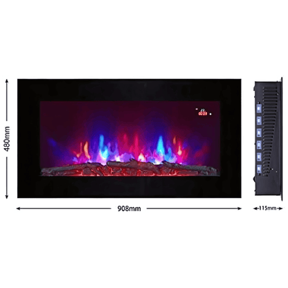 TruFlame 91cm Wide Wall Mounted Flat Black Glass Electric Fire